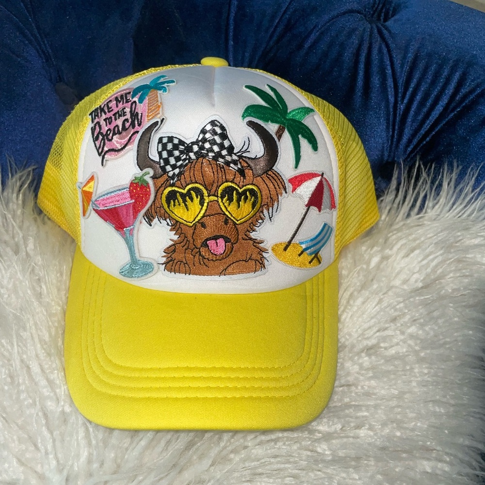 Women’s Custom Made Yellow Mesh Trucker Hat with Beach Cow Graphic
